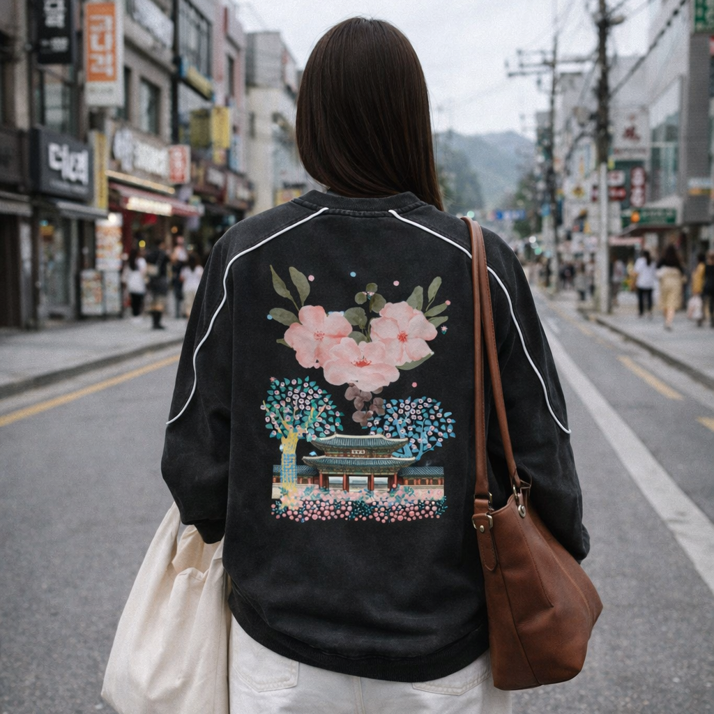Person wearing a black jacket with floral and landscape design on a city street