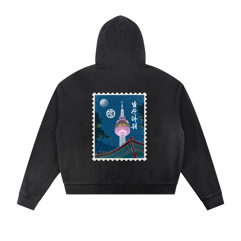남산타워- namsan Fade Frayed Raw Edge Fleece Zip Hoodie