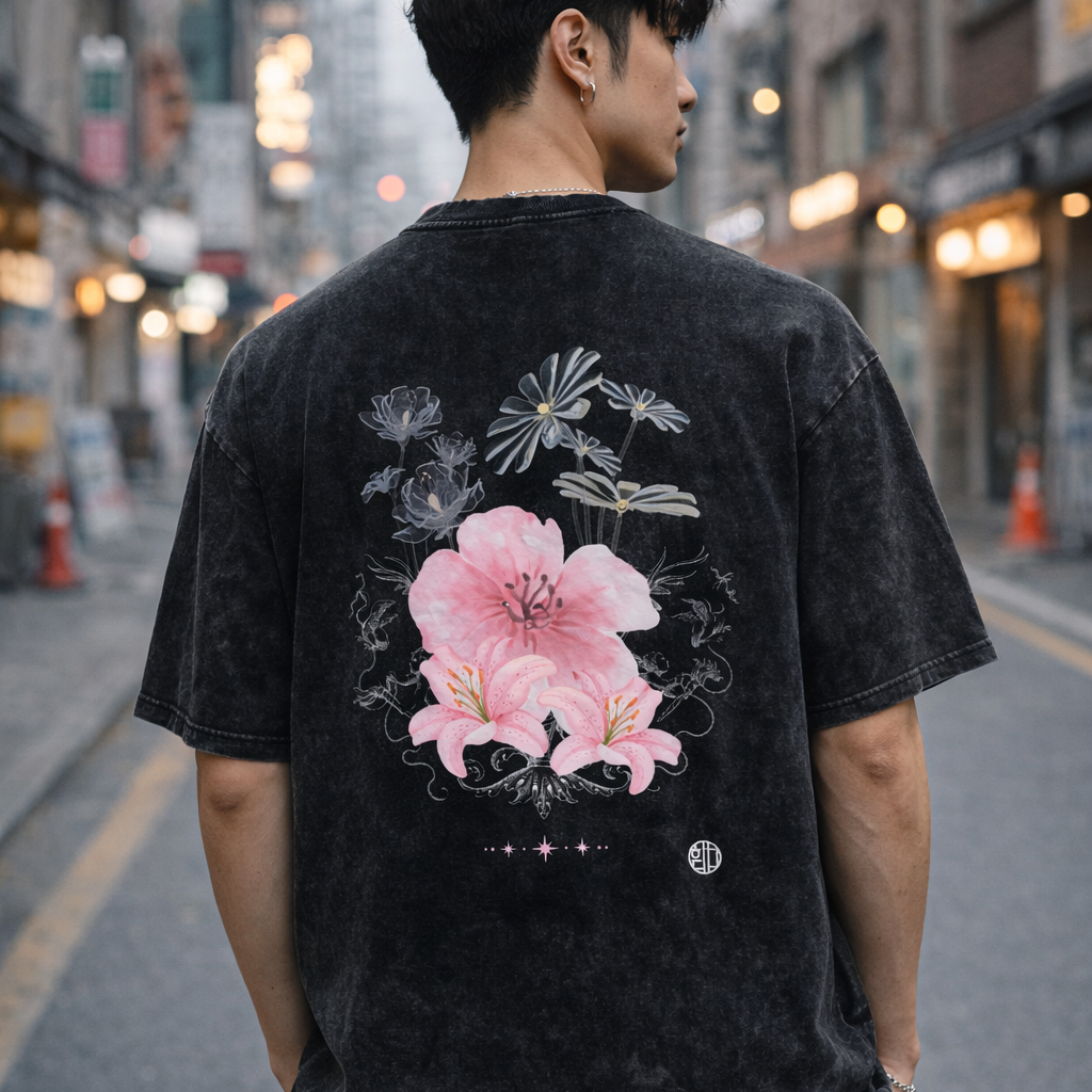 진달래-flower- Washed Oversized Cotton T-Shirt