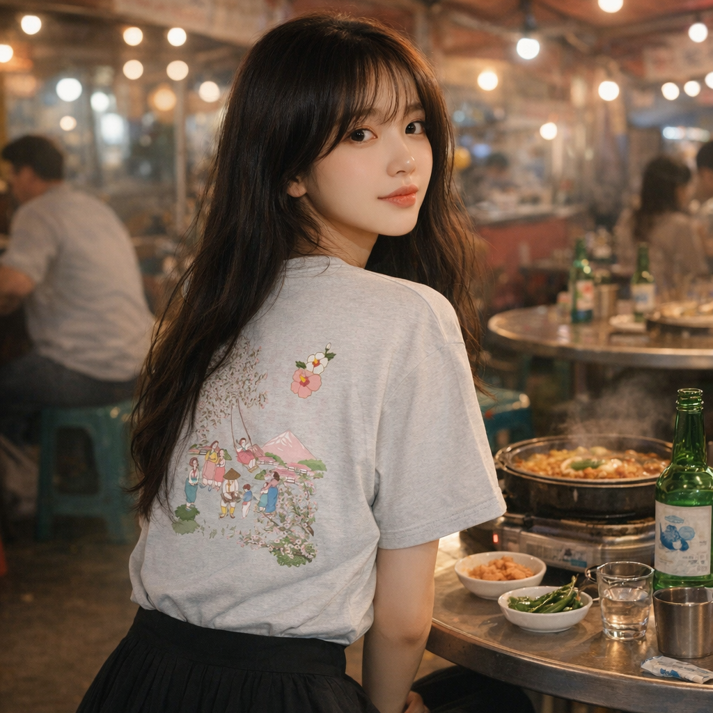 Woman sitting at a table in a bustling outdoor market setting