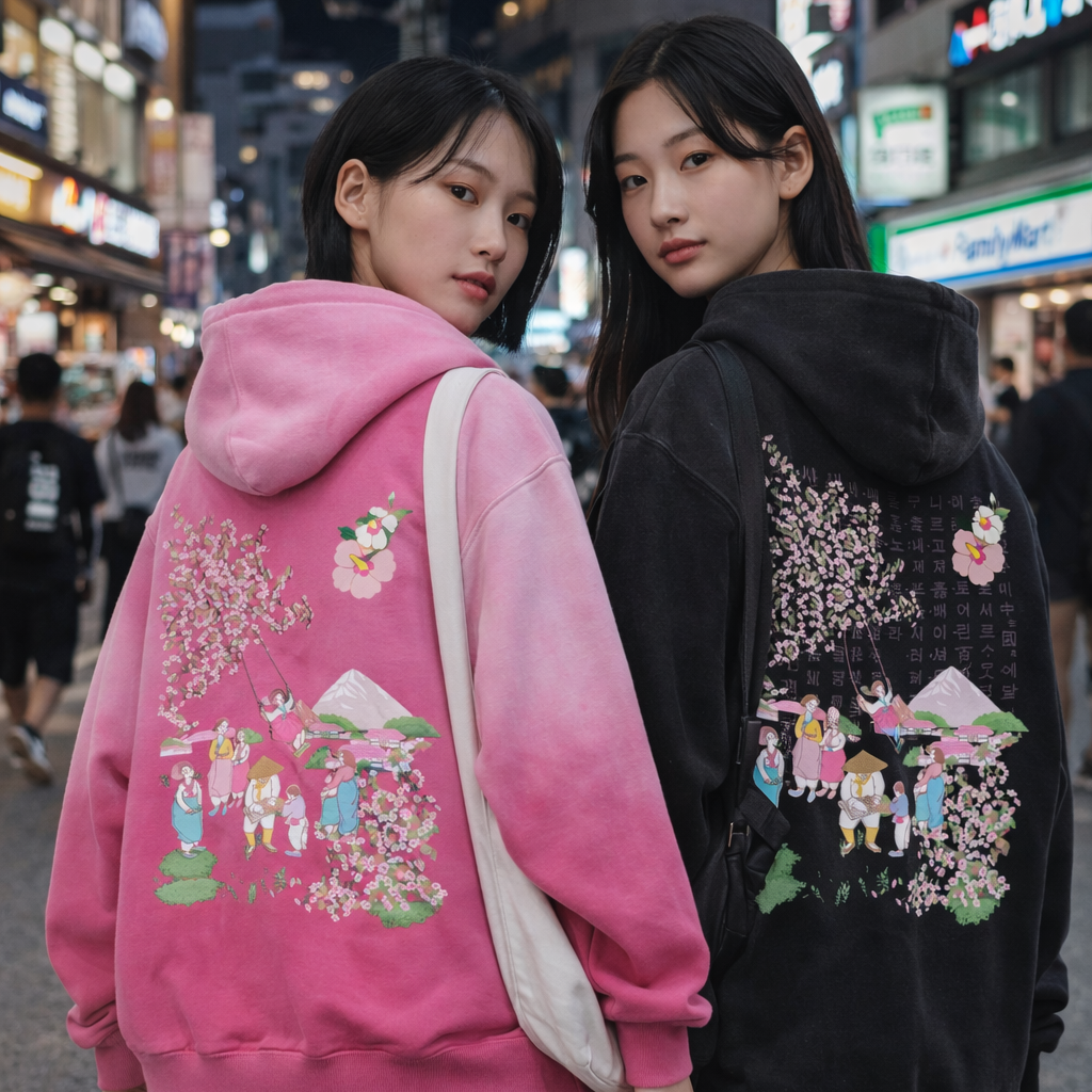 Two people wearing colorful hoodies with intricate designs in an urban setting.