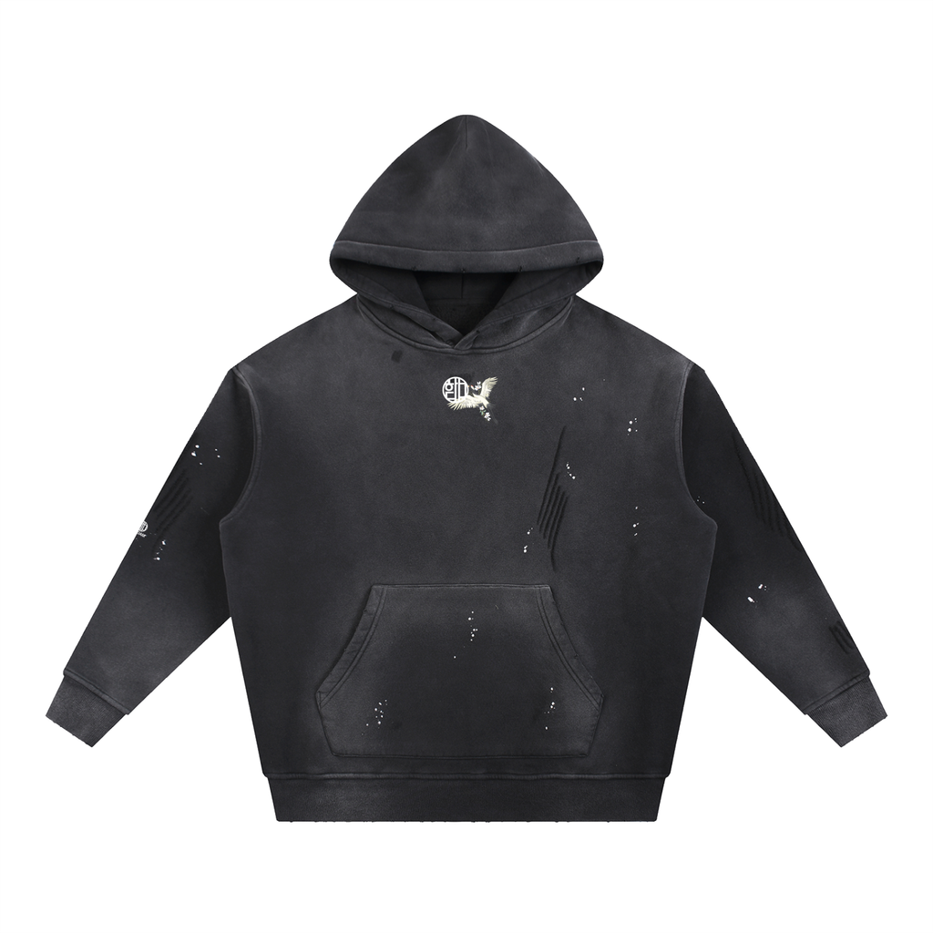 HAK-학-Vintage Washed Frayed Fleece Hoodie