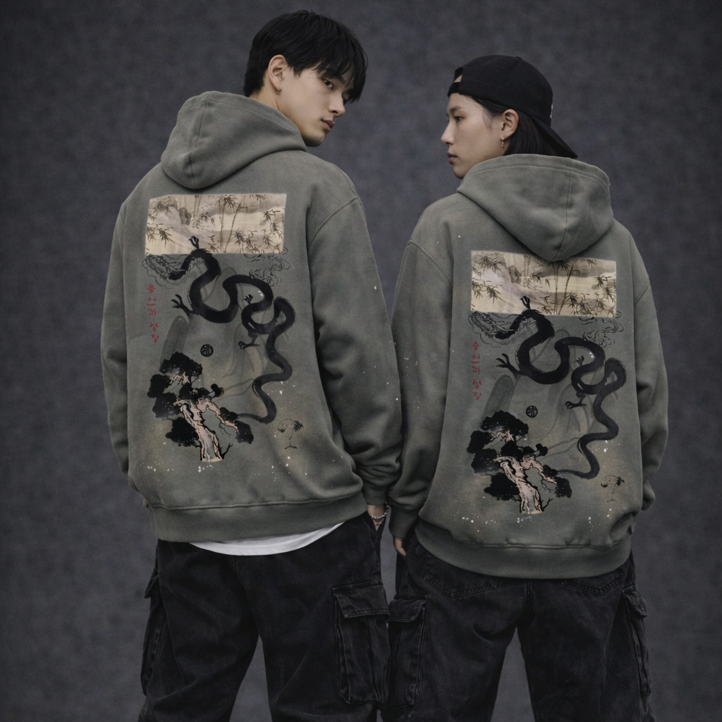 Two people wearing matching hoodies with unique designs on a dark background