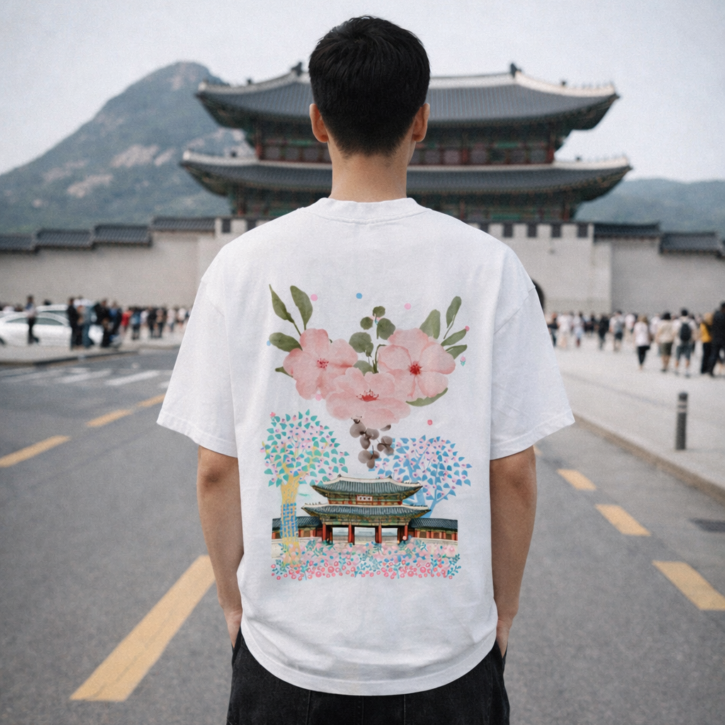 Person wearing a white t-shirt with a floral and architectural design, standing in front of a traditional building.